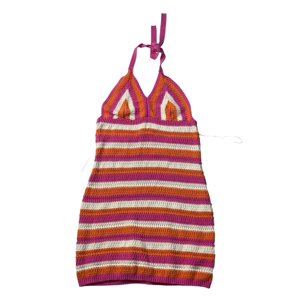 Vila Crochet Knit Halter Dress XL Pink Orange Striped Boho Beach Mini